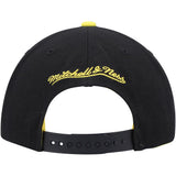 New York Knicks black and yellow snapback hat featuring a lightning hook design and Mitchell & Ness logo on the back.