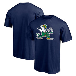 Notre Dame Fighting Irish navy t-shirt featuring the iconic leprechaun graphic on the front. Ideal for fans.