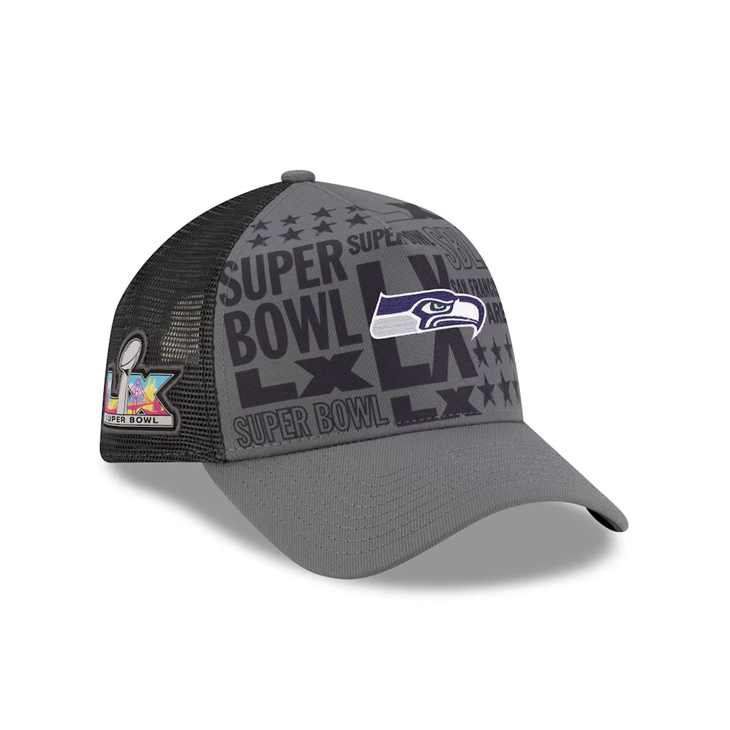 Seattle Seahawks Super Bowl LX Charcoal 9FORTY A-Frame Trucker Hat