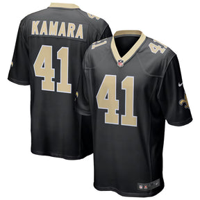 New Orleans Saints Alvin Kamara black Nike Game jersey featuring his name and number 41 on the back.