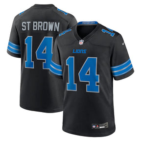 Detroit Lions Amon-Ra St. Brown black Nike 2nd alternate game jersey featuring blue accents and player number 14.