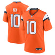 Men's Denver Broncos Bo Nix Nike orange player game jersey featuring team logo and player number 10.