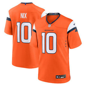 Men's Denver Broncos Bo Nix Nike orange player game jersey featuring team logo and player number 10.