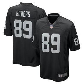Las Vegas Raiders Brock Bowers black Nike player game jersey featuring his name and number 89 on the back.
