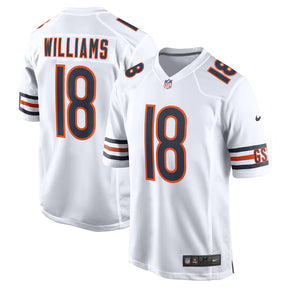 Chicago Bears Caleb Williams First Round Pick white Nike player game jersey featuring the number 18 and team colors.