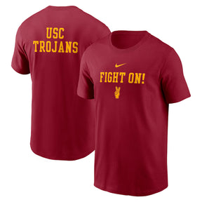 USC Trojans Cardinal Nike 2-Hit Stacked T-Shirt featuring "USC TROJANS" and "FIGHT ON!" in bold yellow lettering.