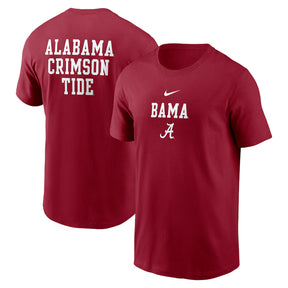 Alabama Crimson Tide Nike 2-Hit Stacked T-Shirt in crimson red featuring team graphics on the front and back.