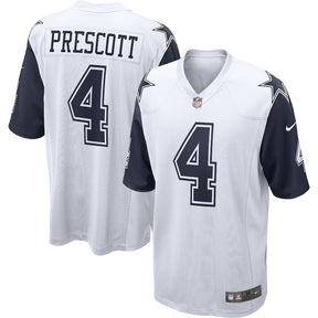 Dallas Cowboys Dak Prescott #4 Nike white game jersey featuring team colors and player name on the back.