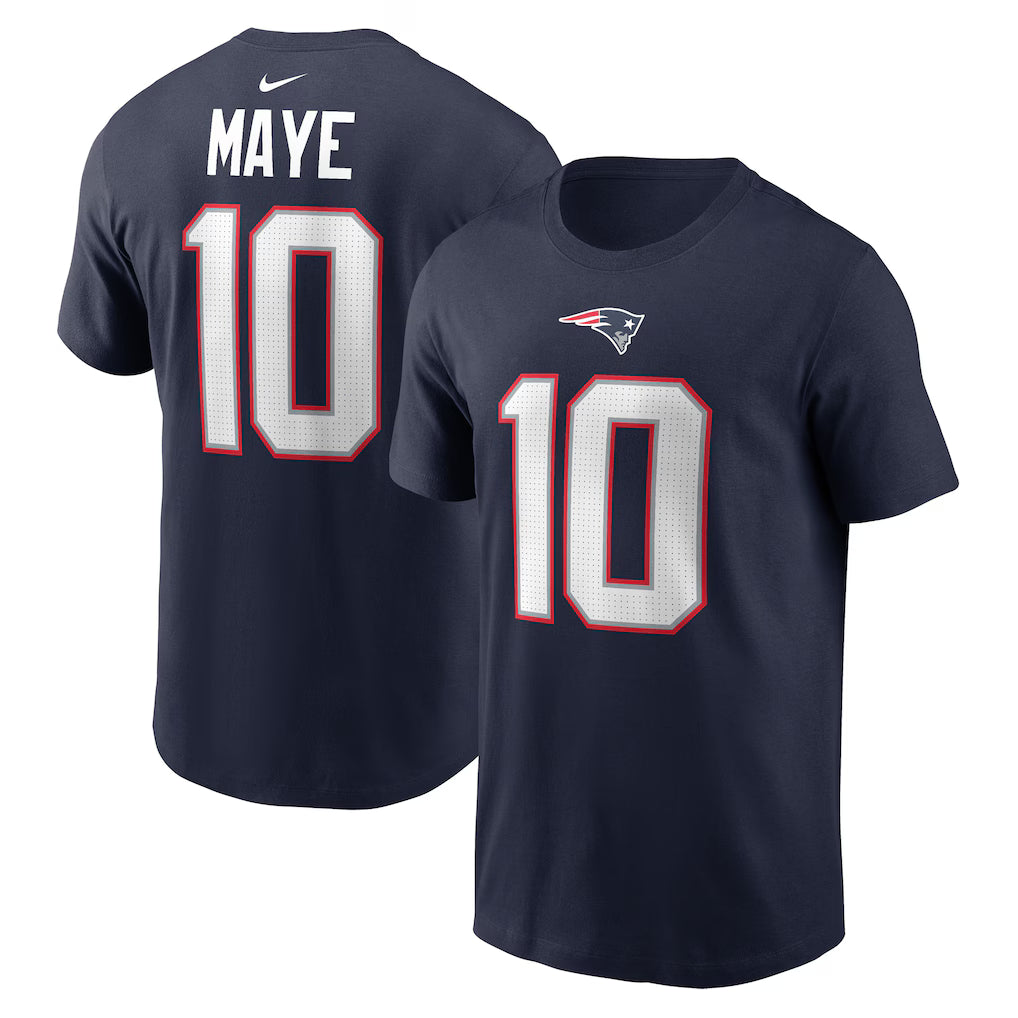 Drake Maye New England Patriots T-shirt featuring his name and number 10 on a navy background.