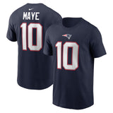 Drake Maye New England Patriots T-shirt featuring his name and number 10 on a navy background.