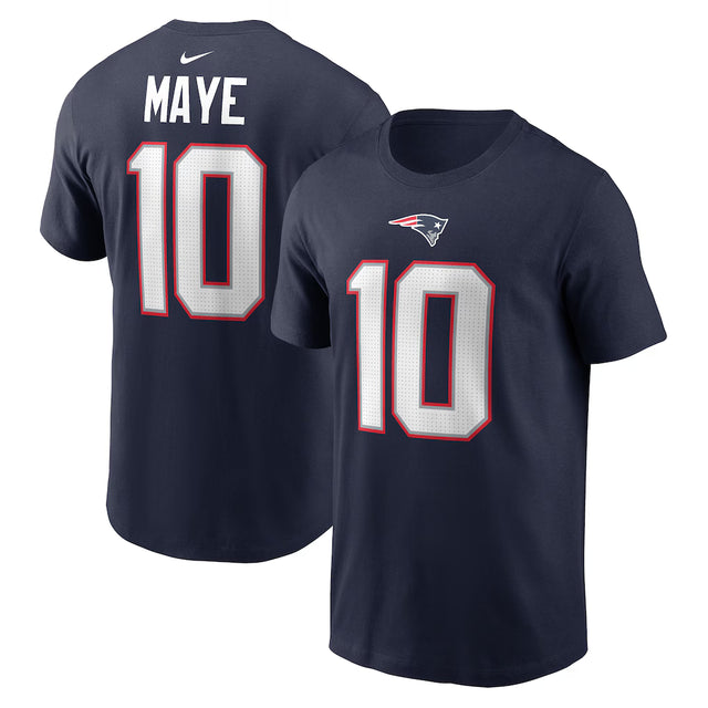 Drake Maye New England Patriots T-shirt featuring his name and number 10 on a navy background.
