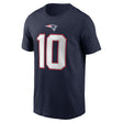 Drake Maye New England Patriots T-shirt featuring the number 10 and team logo on a navy blue background.