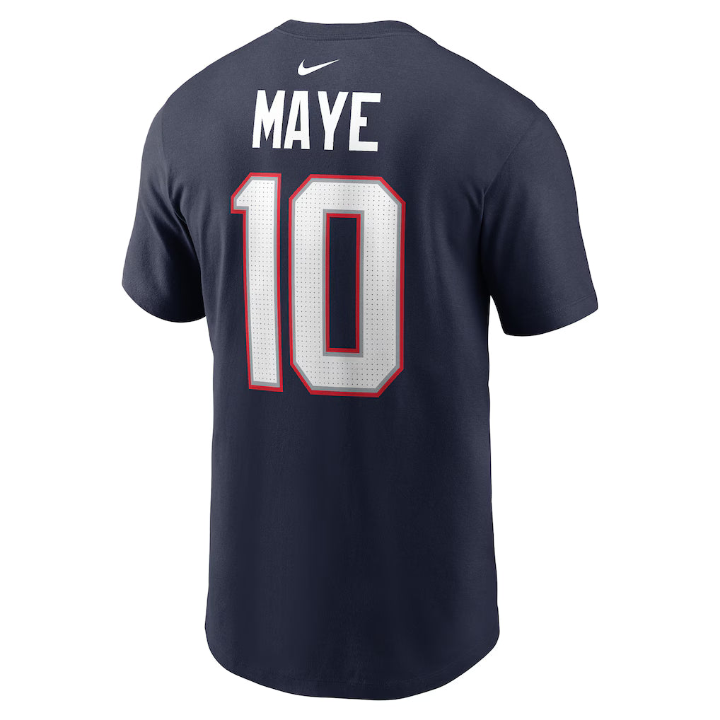 Drake Maye New England Patriots T-shirt featuring his name and number 10 on the back in navy blue.