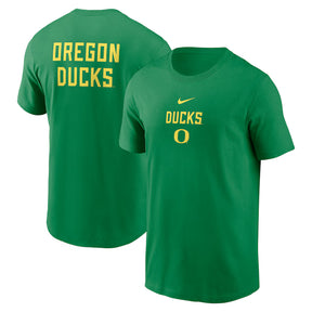 Oregon Ducks green Nike t-shirt featuring stacked team name graphics on the front and back. Ideal for fans.