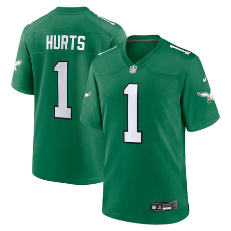 Philadelphia Eagles Jalen Hurts alternate green Nike Game jersey featuring player name and number on back.