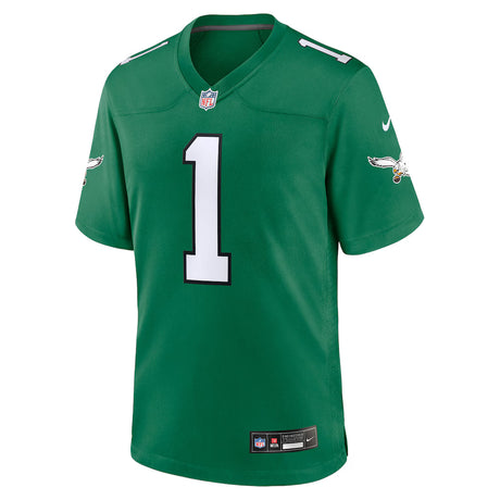 Philadelphia Eagles Jalen Hurts alternate green Nike Game jersey featuring the number one and team logo.