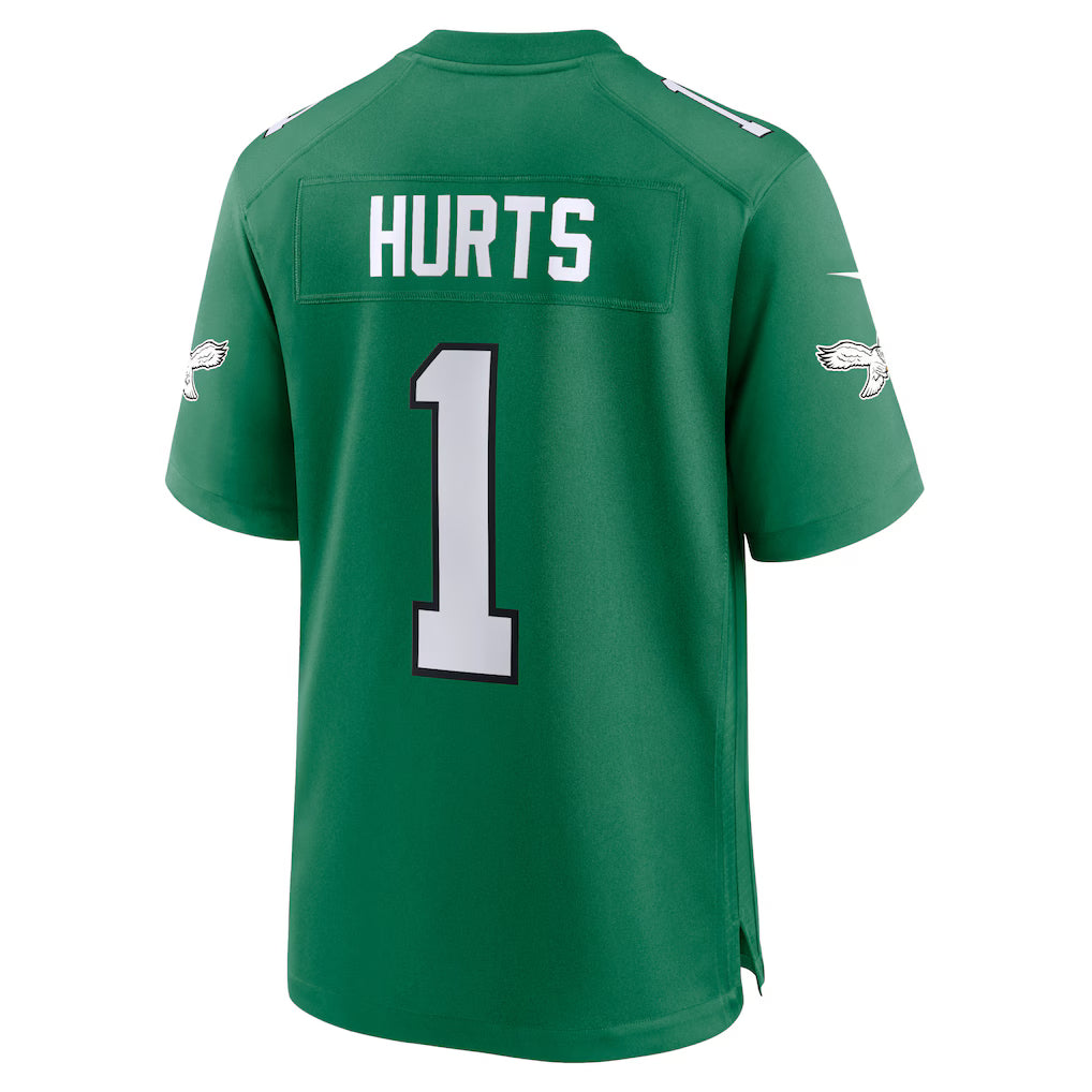Philadelphia Eagles Jalen Hurts alternate green Nike Game jersey featuring the name "Hurts" and number "1" on the back.