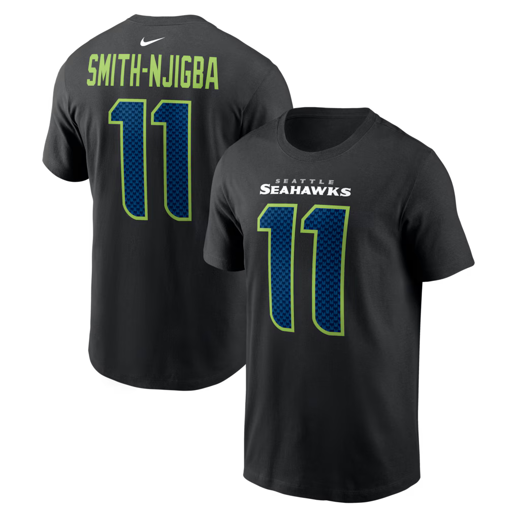 Black Seattle Seahawks T-shirt featuring Jaxon Smith-Njigba's name and number 11 on the back, with team logo on the front.