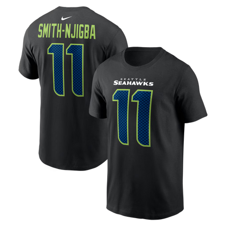 Black Seattle Seahawks T-shirt featuring Jaxon Smith-Njigba's name and number 11 on the back, with team logo on the front.