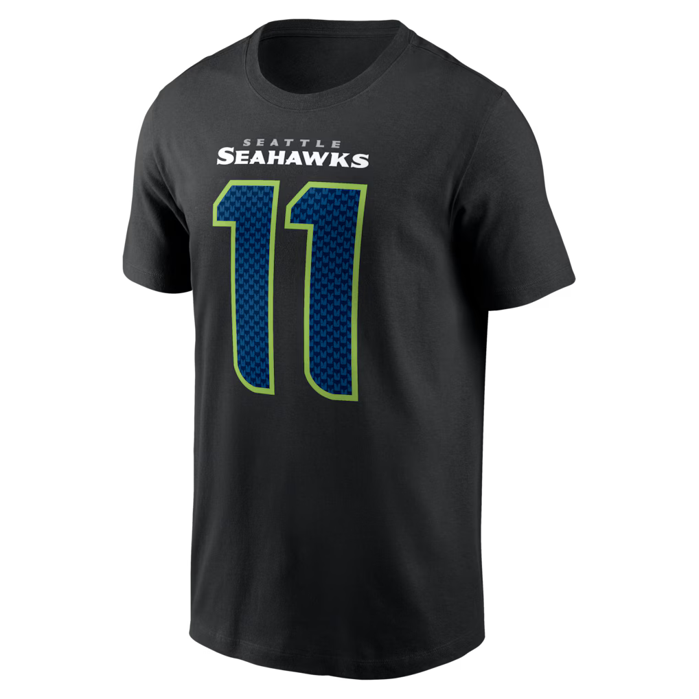 Black Seattle Seahawks T-shirt featuring Jaxon Smith-Njigba's name and number 11 in vibrant team colors.