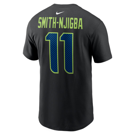 Black Seattle Seahawks T-shirt featuring Jaxon Smith-Njigba's name and number 11 on the back. Ideal for fans.