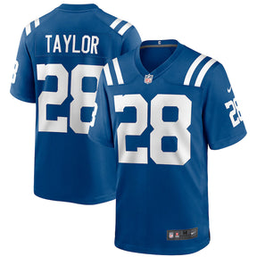 Indianapolis Colts Jonathan Taylor Nike royal blue game jersey featuring the number 28 and Taylor's name on the back.