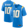 Los Angeles Chargers Justin Herbert powder blue Nike player game jersey featuring his name and number 10.