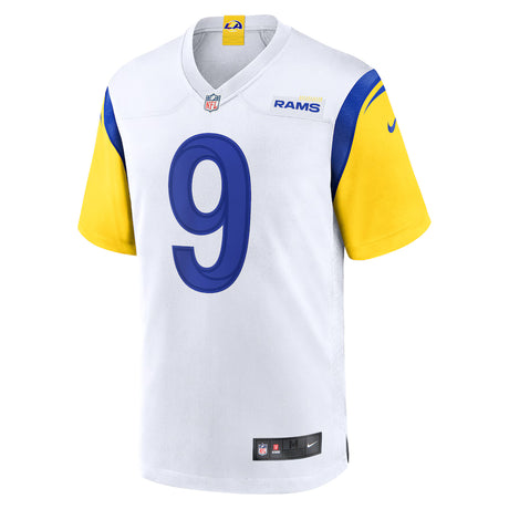 Los Angeles Rams Matthew Stafford white alternate Nike game jersey featuring blue number 9 and yellow sleeves.
