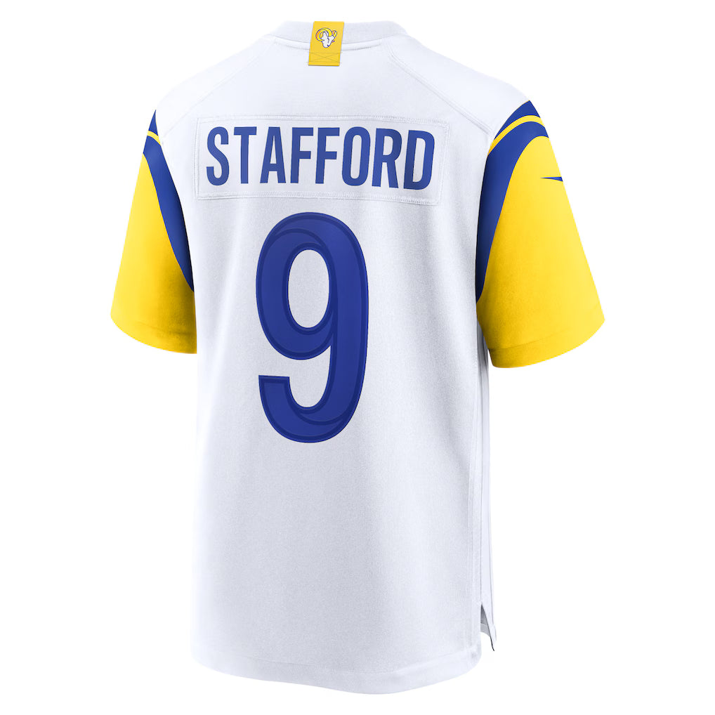 Los Angeles Rams Matthew Stafford white alternate Nike game jersey featuring blue and yellow accents and number 9.