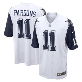 Dallas Cowboys Micah Parsons white alternate Nike game jersey featuring his name and number 11 on the back.