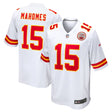 Kansas City Chiefs Patrick Mahomes white Nike game jersey featuring his name and number 15 in red and yellow.