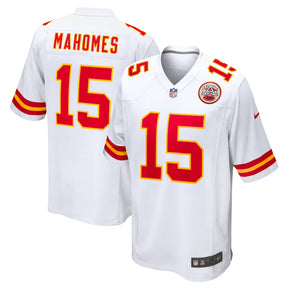 Kansas City Chiefs Patrick Mahomes white Nike game jersey featuring his name and number 15 in red and yellow.