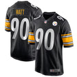 Men's Pittsburgh Steelers T.J. Watt Nike black game jersey featuring player name and number, ideal for fans and collectors.