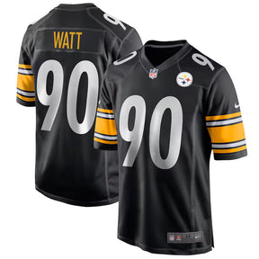 Men's Pittsburgh Steelers T.J. Watt Nike black game jersey featuring player name and number, ideal for fans and collectors.