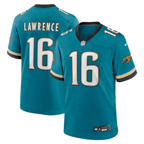 Jacksonville Jaguars Trevor Lawrence teal throwback Nike game jersey featuring player name and number 16.