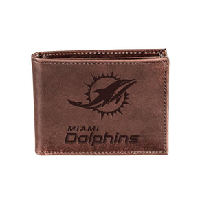 Miami Dolphins, Bi-Fold Wallet, Brown, CH, 100% Genuine Leather - EG Collective - 808412080043
