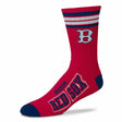 Angled view of MLB 4 Stripe Deuce crew sock showcasing San Francisco Giants graphics, orange and white stripes, with white background