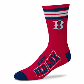 Angled view of MLB 4 Stripe Deuce crew sock showcasing San Francisco Giants graphics, orange and white stripes, with white background