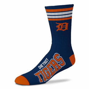 Angled view of blue MLB 4-Stripe Deuce performance crew sock showcasing Texas Rangers graphics and red and white stripes