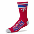 Side view of Atlanta Braves Deuce performance crew sock with team logo, four red and white stripes, and navy fabric
