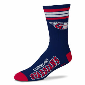 Side view of navy MLB 4-Stripe Deuce performance crew sock showcasing Houston Astros logo and lettering on white background