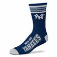 Angled view of brown Deuce performance crew sock with four striped cuff and gold Padres graphics on white background