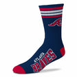Side view of MLB 4-Stripe Deuce performance crew socks showcasing New York Mets graphics and team-color stripes