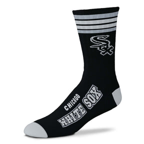 Front view of black MLB 4-Stripe Deuce performance crew sock with gray toe and heel, White Sox graphics, on white background