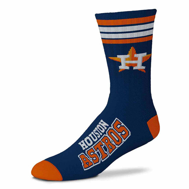 Side view of MLB 4 Stripe Deuce performance crew sock showcasing Kansas City Royals graphics and striped cuff on white background