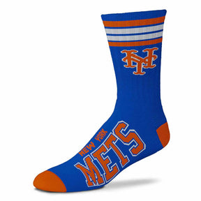 Three-quarter view of a red Cincinnati Reds 4-stripe performance crew sock showcasing team graphics on white background