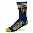 Side view of black MLB Deuce performance crew sock with four stripes, Miami Marlins graphics, and teal toe and heel on white