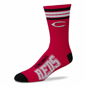 Side view of MLB 4-Stripe Deuce performance crew socks showcasing Seattle Mariners graphics and four stripes on a white background
