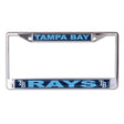 Front view of a New York Yankees license plate frame showcasing silver trim and team graphics with a white background