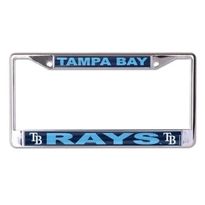 Front view of a New York Yankees license plate frame showcasing silver trim and team graphics with a white background